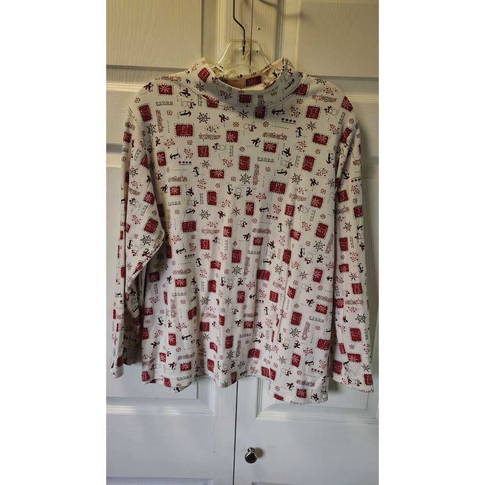 White Stag Plus Festive Christmas Penguins Mock Neck Long Sleeve Shirt, Size 16W